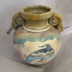 Hand-painted ceramic vase Minoan style w/dolphin motif Handcrafted Multicolor